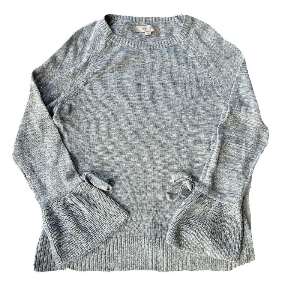 Ann Taylor LOFT Womens Sz S Sweater Metallic Gray Sparkle Holiday Bell Sleeve